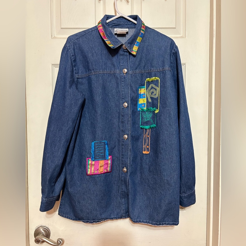 Saint Germain Paris Vtg 80's Blue Chambray Denim Embroidered Shirt L